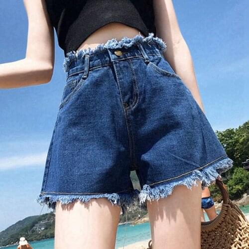 High Waist Denim Shorts Women Summer Loose Large Size Wide-Leg Pants with Raw Edges Solid Color Sexy Short Jeans 2021