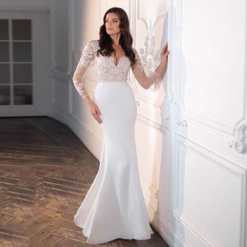 Sexy Mermaid Wedding Dresses 2021 Beading Custom Made Satin Long Sleeves Elegant Robes De Mariée Sweep Train Beach Plus Size