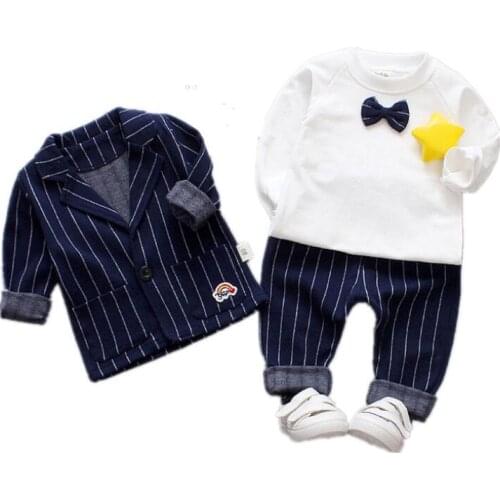 Spring Baby Boys Clothes Sets Gentleman Style Stripe Infant Coats+T Shirt+Pants High Quality Children Kids Suits