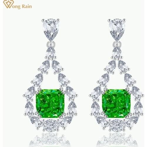 Wong Rain 925 Sterling Silver Ice Flower Cut Green Created Moissanite Pear Drop Earrings Studs Customized Earrings Fine Jewelry