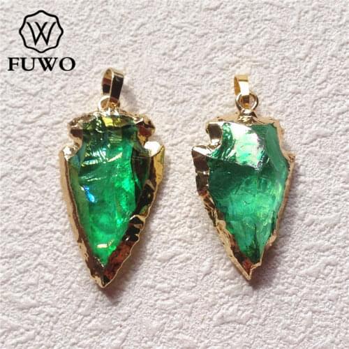 FUWO Aura Crystal Quartz Arrowhead Pendant With 24K Gold Color Plated Edge Fashion Green Charm Jewelry For DIY Making PD166
