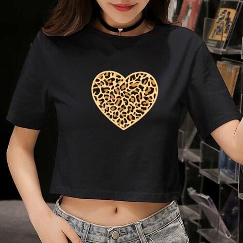 Women Graphic Love T Shirt Leopard Print Top Black Crop Top Short Sleeve Cotton Tees Women Streetwear T Shirt Aesthetic Tee