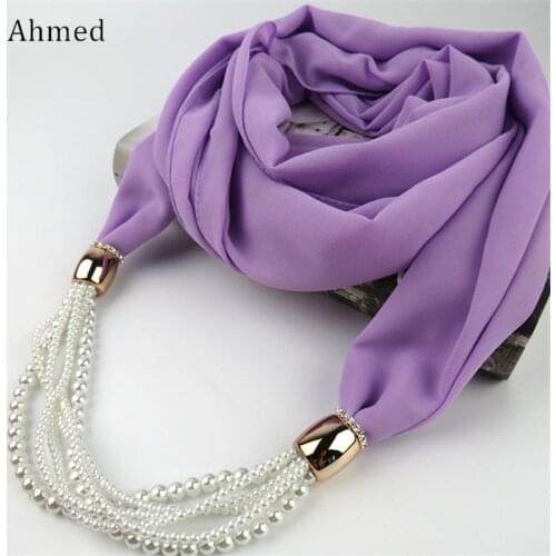 Ahmed New Design Multi Layers Pearl Chiffon Scarf Necklace For Women Fashion Long Collar Necklace Charm Head Scarves Jewelry