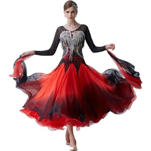 B-19492 Hand make red long sleeve ballroom dance competition dresses woman ballroom dress waltz dress ballroom dance dresses