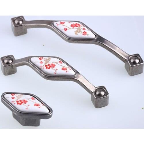 96 128mm retro rural Plum blossom ceramic kitchen cabinet cupboard door handles antique silver drawer tv cabinet pulls knobs 5"