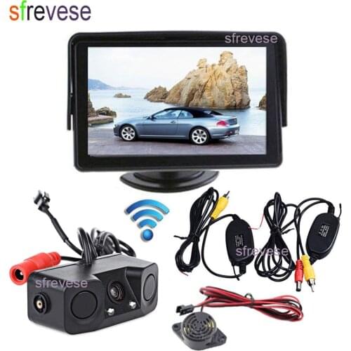 4.3" LCD Vehicle Rear view Monitor + Wireless 2LED Car Reverse Parking Sensor Radar Backup Camera Assistant 170 Degree Wide Ang