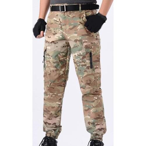 Multi Pockets Training Slacks Deep Crotch Camouflage Print Ankle Tied Waterproof High Waist Men Cargo Pants for Outdoor Sports