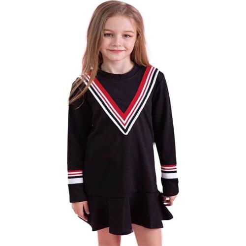 Girls Black Dress Ruffles Trumpet Striped Spring Autumn Casual Teenage Dress Pleated Fabric Kids Clothes Girls Dress