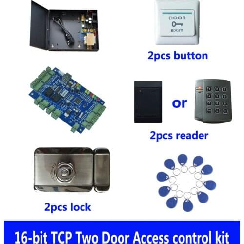 RFID card access control kit,TCP two door access control+powercase+intelligent mute lock+ID reader+button+10 ID tags,sn:kit-B209