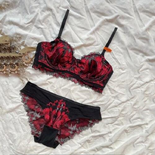 Sexy lace upper thin and lower thick gather bra set ladies push up underwear set women plus size ultra-thin lingerie panty