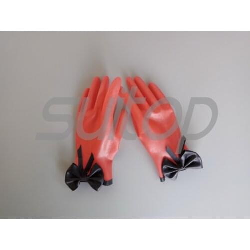 Suitop Latex rubber short gloves in red and black trim BOW-TIE