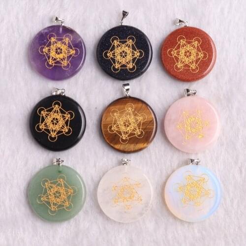 6pcs 32mm Assorted Round Natural Stone Necklace Pendant Quartz Crystal Pendant Charms Jewelrey Orgone Energy Symbol Pendulum