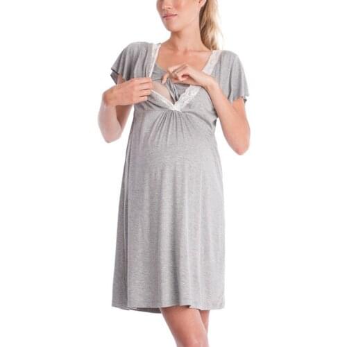 Fashion Maternity Short Sleeve Cotton Blends Nursing Ladies Pregnant Women Stitching Color Baby Nightdress Breastfeeding Dresses