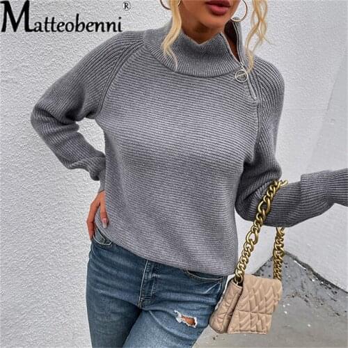 Fashion Elegant High Neck Zipper Front Knitted Sweater Women Solid Color Basic Pullover Autumn Winter Fashion Clothing Tops 2021