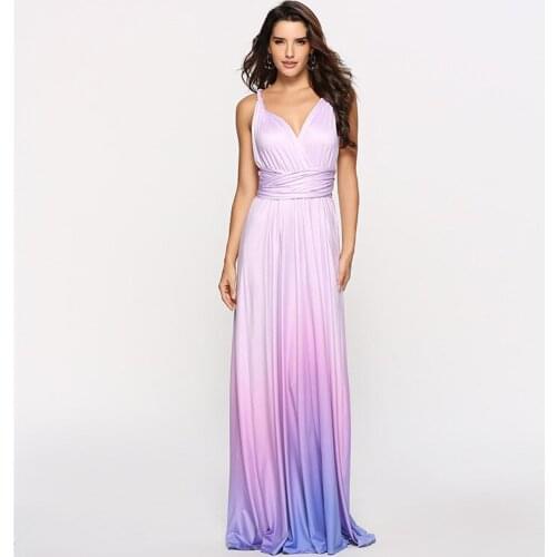 Summer New Satin Graident Color Women Long Skirt A-Line V-Neck Multi-way Elegant Summer Dresses for Party Ladies Maxi Dress