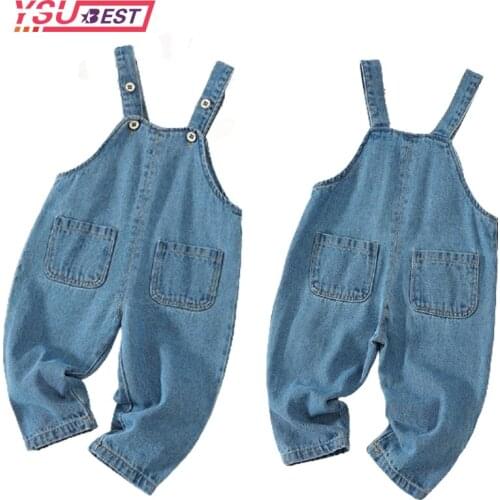 1-3Y Kids Fashion Bib Jeans Pants 2021 Children Loose Overalls Boys Girls Casual all-Match Denim Trousers Autumn Solid Outwear