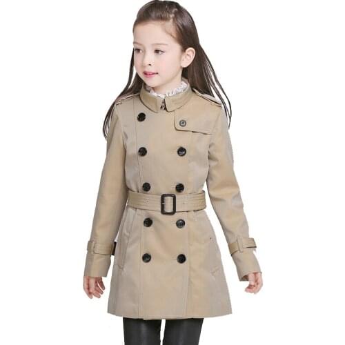 BAYALI Girls Coat Brand Double Breasted Classic Khaki Outdoor Wear Kids Long with The Belt England Style High Quality