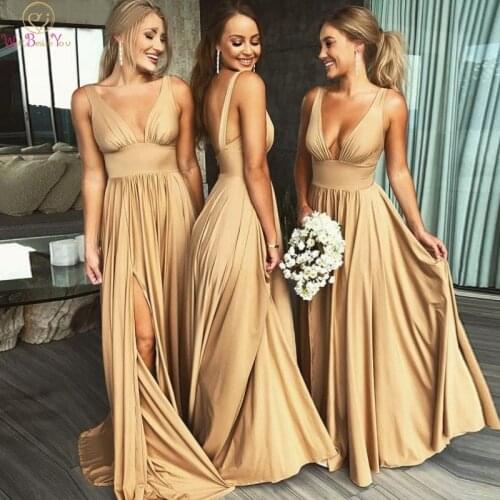 Split Gold Deep V-Neck Bridesmaid Dresses 2019 Formal Wedding Party Elegant Sleeveless Bridesmaid Dress A-line vestidos de festa