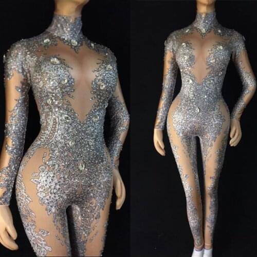 Silver Long Sleeve Beading High Elasticity Jumpsuit Performance Party Celebrate Luxurious Shining Clothing Female Stage Costumes