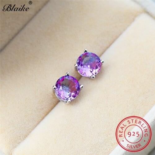 8MM Solid s925 Sterling Silver Round Earrings Rainbow Fire Topaz Wedding Stud Earrings For Women Ear Studs Crystal Fine Jewelry