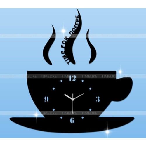 Modern Design Wall Clock Coffee Cup Shape DIY Mirror Wall Sticker Clock Living Room Art Watch Horloge
