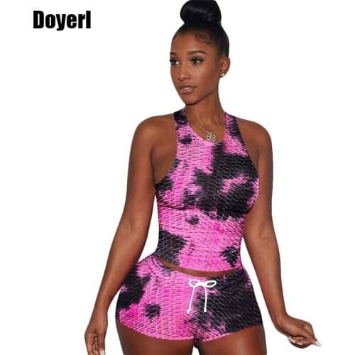 Tie Dye Sport Two Piece Biker Short Set for Women Summer Outfits Crop Top and Sweat Shorts Set Tracksuit Womens Workout Sets