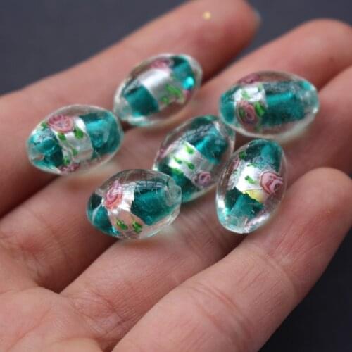 20pcs/lot 17*11mm Lampwork Glass Beads Oval Shape Flower With Silver Color Foil Teal Green Color for jewelry making