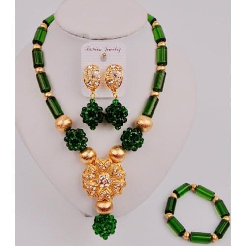 Stylish Dark Green Nigerian Wedding Beads Costume Necklace African Jewelry Set ZJQ7-4