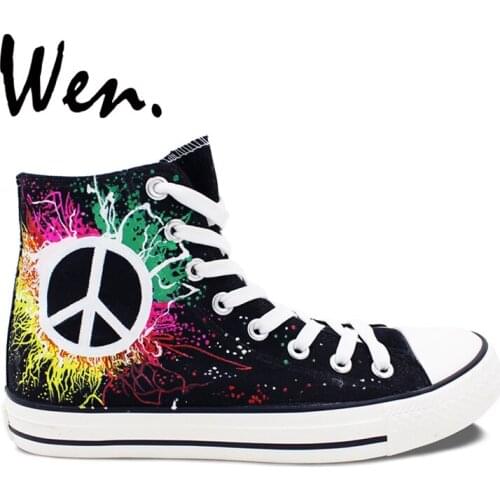 Wen Design Custom Peace Symbol Hand Painted Canvas Skateboard Shoes Black High Top Men Womens Comfortable Outdoor Sneakers
