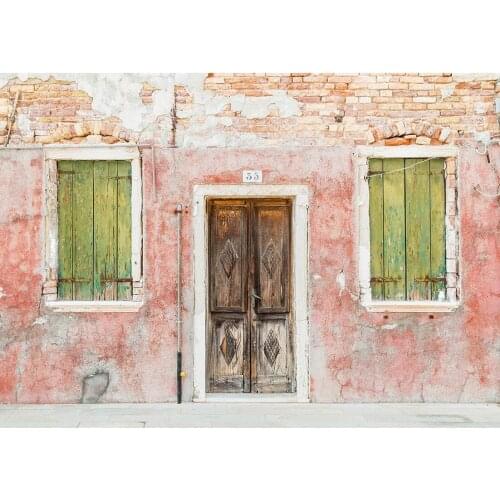 Pink Brick Wall Wooden Door Window Vinyl Photographic Background for Children Wedding Portrait Backdrop Photocall Photo Studio