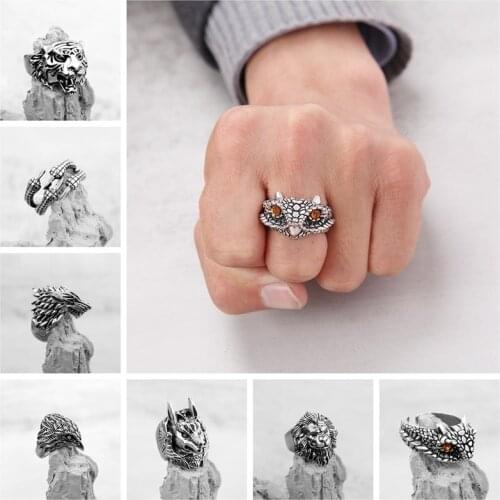 Vintage Gothic Wolf Head Ring Men Bull Head Skull Spider Eagle Lion Dragon Cross Snake Men Ring Punk Jewelry Evil Eye Ball 2021