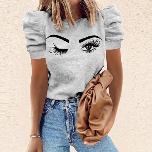 Women Vintage Puff Sleeve Tee Shirt 2021 Summer Elegant Eyes Print Lady Pullover Tops Casual O Neck Loose Heart Blusa Streetwear