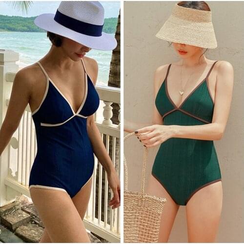 Women Summer Swimsuit Stitching V-Neck Sleeveless Padded Swimwear with Adjustable Straps for Girls