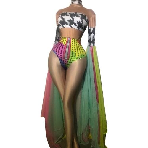 Colorful Sequin Bodysuit for Women Birthday Celebrate Big Mesh Sleeves Dance Bar Costumes Women Nightclub Party Singer Outfits