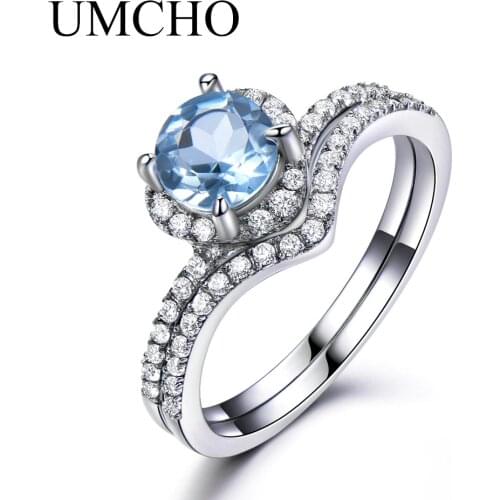 UMCHO Sky Blue Topaz Rings For Women Solid 925 Sterling Silver Engagement Anniversary Band Ring Set Gemstone Valentines Gift