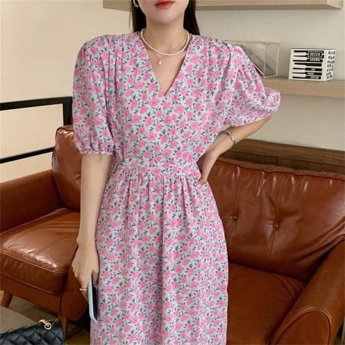 Alien Kitty Sweet V-Neck Pink Printing Florals Chic 2021 Office Lady Summer OL Slim Elegant Women Long Dress Vintage Vestidos