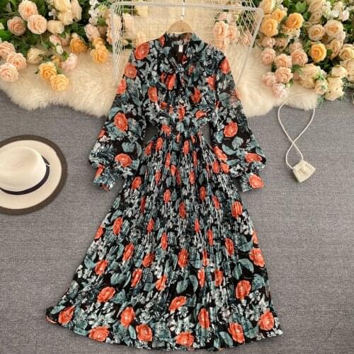 Elegant Print Long Sleeve Summer Dress women Casual Chiffon Pleated Women Vintage Party Mid-Calf Dress Vestidos