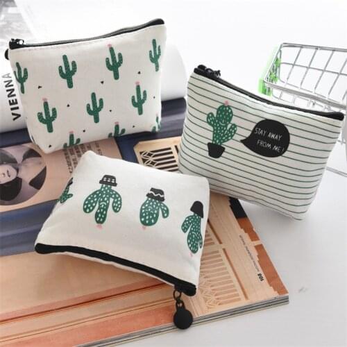 1 Pcs Portable Retro Cactus Coin Purse Small Mini Canvas Women Lady Zipper Money Pouch Key Holder Bag