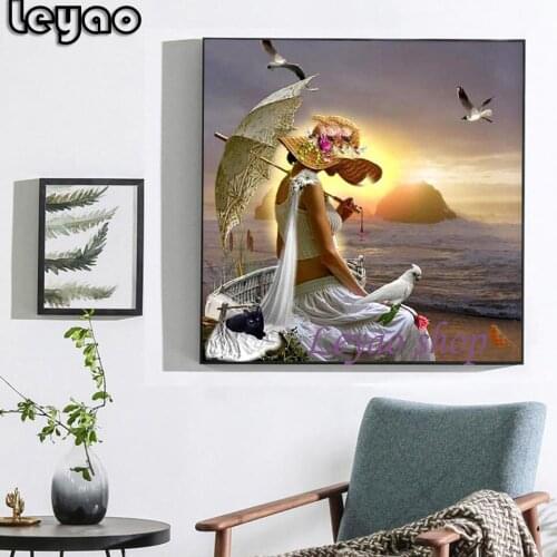 5D Diamond Painting Seaside Girl Mosaic Handmade Gift Rhinestones Picture Diamond Embroidery Sunset Landscape Kits