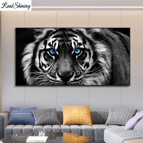 Large size Diy Diamond Embroidery Black White Tiger Blue Eyes 5D Diamond Painting Cross Stitch Kits Animal Art Picture F1073