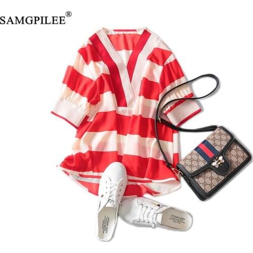Blouse Women 2020 Top Summer Female Casual Korean Style Chiffon Half Sleeve Striped V-neck For Blouse Women Clothing 3XL 4XL