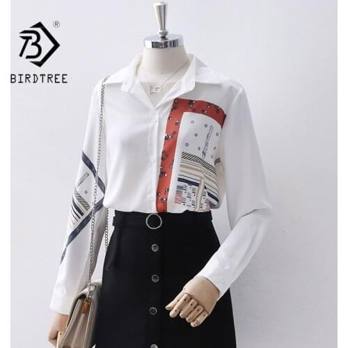 Autumn Women White Shirts Vintage Long Sleeve Chiffon Blouse Print Turn-Down Collar Elegant Office Wear Fall Spring Basic Tops T