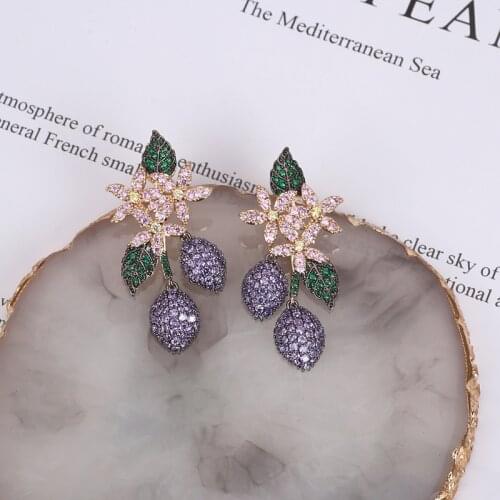 Shiny AAA CZ Long Dangle Earrings Yellow Purple Pink Cubic Zircon Stone Party Flower Drop Earring for Women Jewelry Accessories