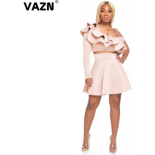 VAZN New 2020 Elegant Slash Neck Two Piece Set A-line Party 2 Piece Set Women Solid Full Sleeve Short Skirts Summer Sets