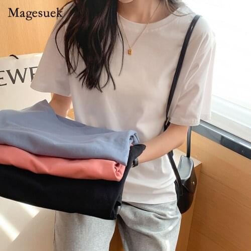 2021 Summer Fashion Women T-shirts Solid Cotton O-neck Short Sleeve T-shirt Casual Loose Slim Shirt Female Clothing Blusa 15854