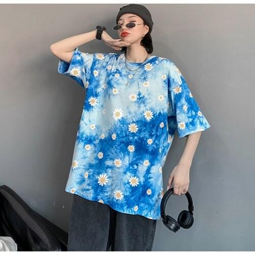Oversize Printed Loose Mid-length T-shirt Female Short-sleeve Korean Version Summer Womens New Fresh Little Daisy Casual Top