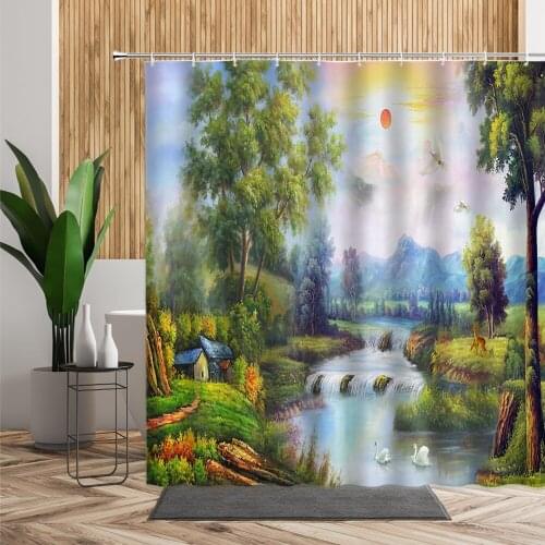 Oil Painting Landscape Scenery Shower Curtain Autumn Deep Forest Background Home Decoration Waterproof Bath Curtains Screen Set
