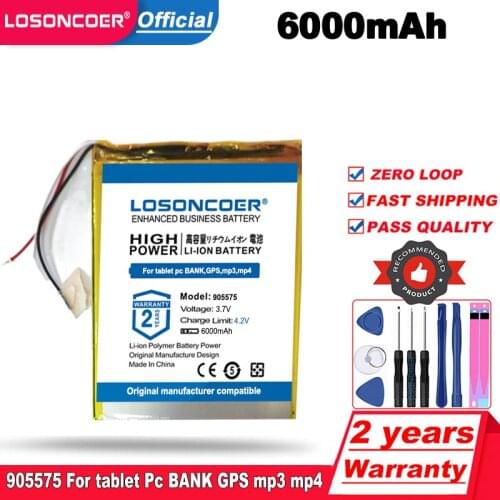 LOSONCOER Top Brand 100% New 6000mAH 905575 Polymer Lithium Ion / Li-ion Battery for Tablet Pc BANK,GPS,mp3,mp4