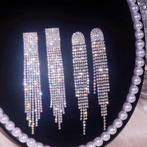 Trendy Silver Color Long Tassel Earrings Rhinestone Drop Earrings for Women Crystal Dangle Earrings Wedding Party Jewelry Gifts