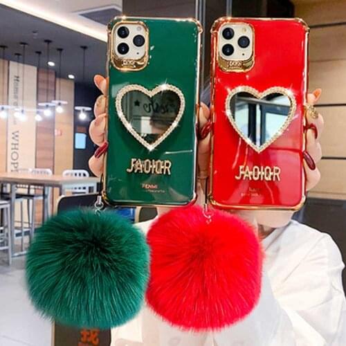 Fashion Brand Plating Love Heart Mirror with Hair Ball Pendant for Iphone 12 11 Pro Max 7 8 Plus X XR Girl Diamond Crystal Soft